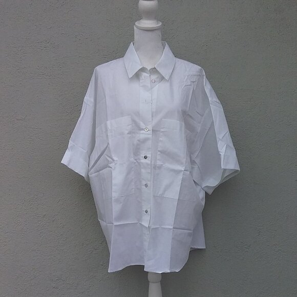 Zara Women's Top Lagenlook White Short Sleeve Cotton Med NEW 2 front pockets - Picture 2 of 7